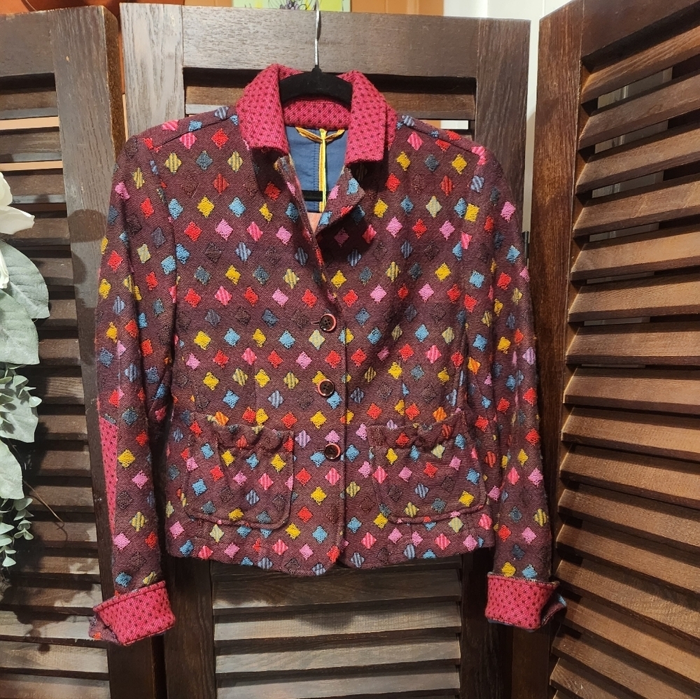 entro Brown Wool Blend Diamond Pattern Jacket with Pink Accents